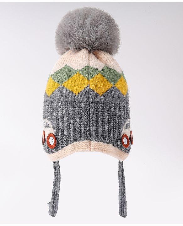 Babyhug Woollen Cap With Knot & Checks Design Grey - Diameter 15 cm