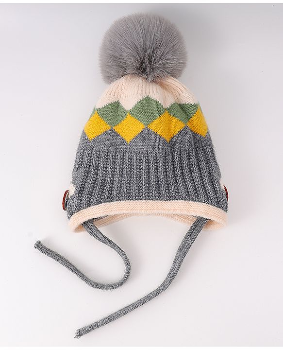 Babyhug Woollen Cap With Knot & Checks Design Grey - Diameter 15 cm