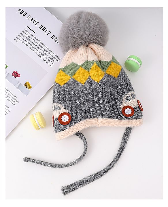 Babyhug Woollen Cap With Knot & Checks Design Grey - Diameter 15 cm