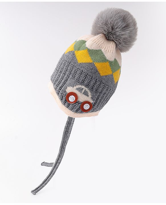 Babyhug Woollen Cap With Knot & Checks Design Grey - Diameter 15 cm