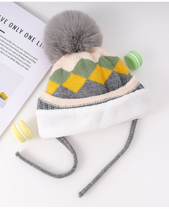 Babyhug Woollen Cap With Knot & Checks Design Grey - Diameter 15 cm