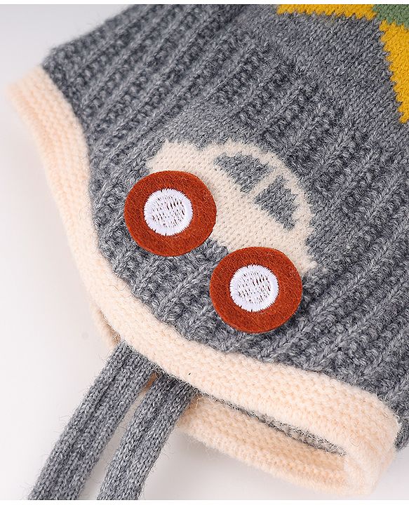 Babyhug Woollen Cap With Knot & Checks Design Grey - Diameter 15 cm