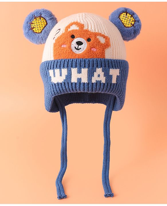 Babyhug Woollen Cap with Bear Ear Applique & Embroidery Navy Blue - Diameter 11 cm