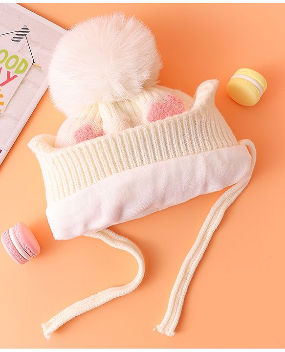 Babyhug Woollen Cap With Heart Design Cream - Diameter 12 cm