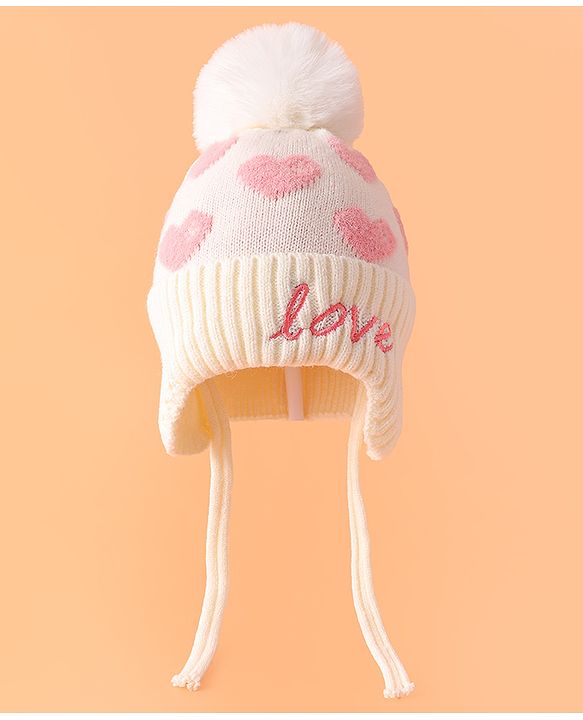Babyhug Woollen Cap With Heart Design Cream - Diameter 12 cm