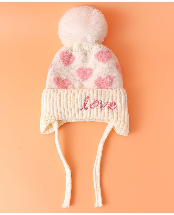 Babyhug Woollen Cap With Heart Design Cream - Diameter 12 cm
