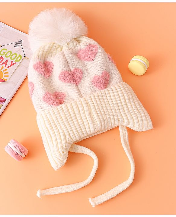 Babyhug Woollen Cap With Heart Design Cream - Diameter 12 cm