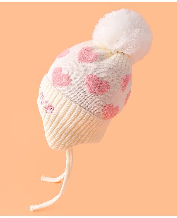 Babyhug Woollen Cap With Heart Design Cream - Diameter 12 cm