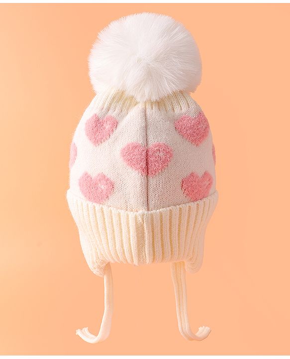 Babyhug Woollen Cap With Heart Design Cream - Diameter 12 cm