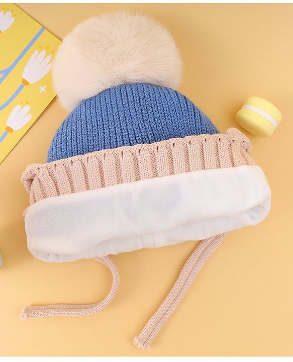 Babyhug Woollen Cap with Knot Pom Pom Bear Embroidery Blue - Diameter 14 cm