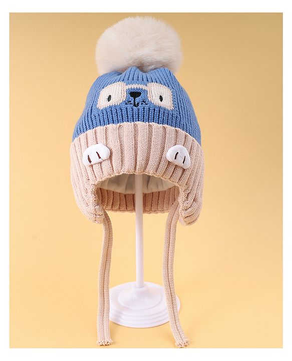 Babyhug Woollen Cap with Knot Pom Pom Bear Embroidery Blue - Diameter 14 cm