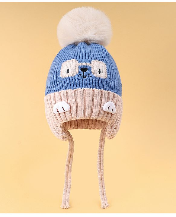 Babyhug Woollen Cap with Knot Pom Pom Bear Embroidery Blue - Diameter 14 cm