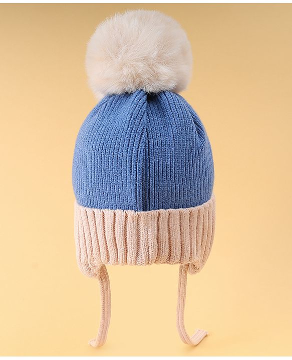 Babyhug Woollen Cap with Knot Pom Pom Bear Embroidery Blue - Diameter 14 cm