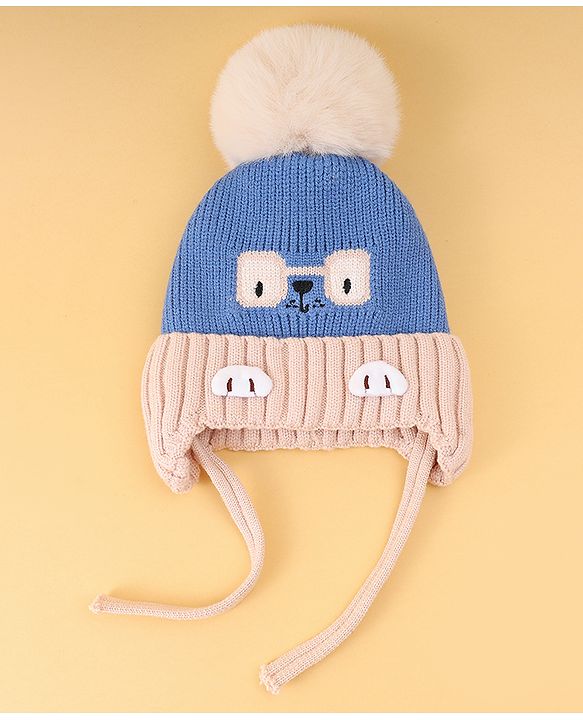 Babyhug Woollen Cap with Knot Pom Pom Bear Embroidery Blue - Diameter 14 cm