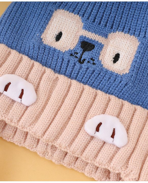 Babyhug Woollen Cap with Knot Pom Pom Bear Embroidery Blue - Diameter 14 cm