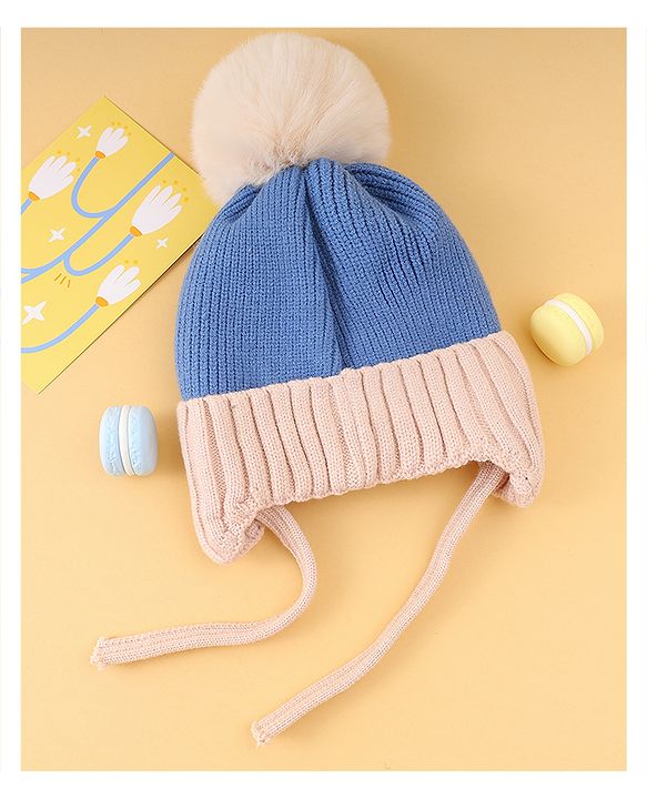 Babyhug Woollen Cap with Knot Pom Pom Bear Embroidery Blue - Diameter 14 cm