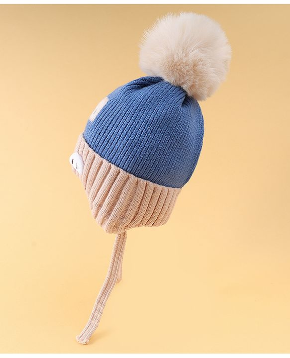 Babyhug Woollen Cap with Knot Pom Pom Bear Embroidery Blue - Diameter 14 cm