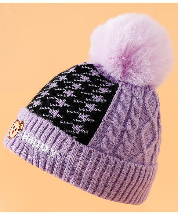 Babyhug Woollen Cap  With Bear Embriodery Purple - Diameter 11 cm