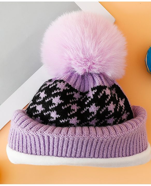 Babyhug Woollen Cap  With Bear Embriodery Purple - Diameter 11 cm