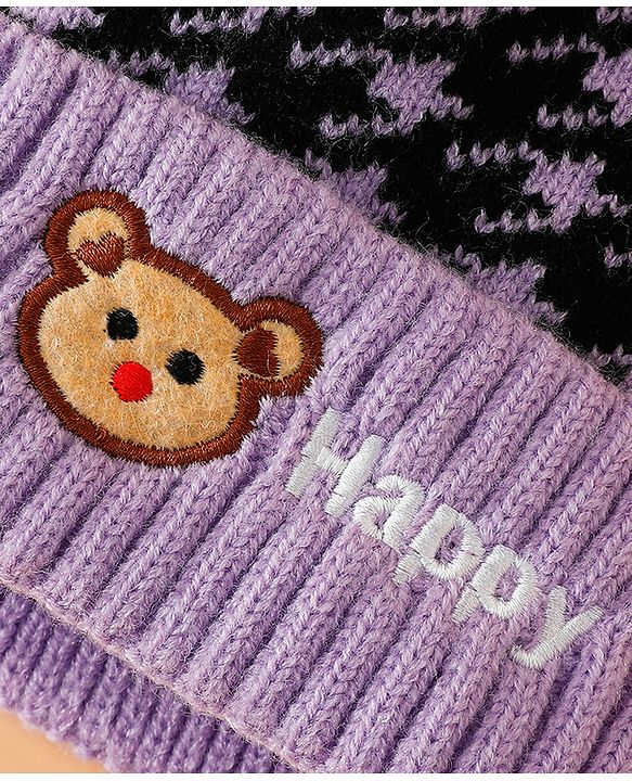 Babyhug Woollen Cap  With Bear Embriodery Purple - Diameter 11 cm