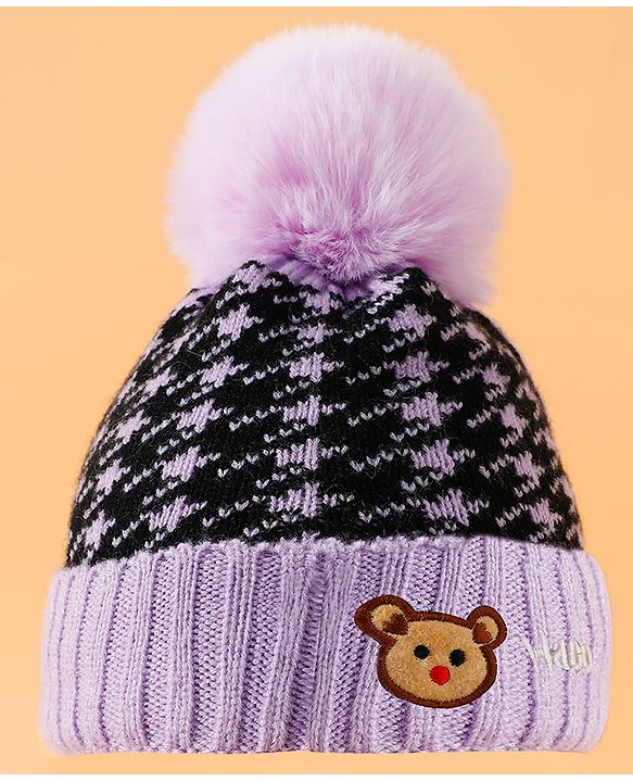 Babyhug Woollen Cap  With Bear Embriodery Purple - Diameter 11 cm