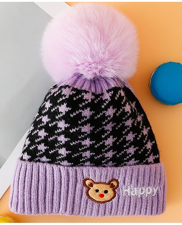 Babyhug Woollen Cap  With Bear Embriodery Purple - Diameter 11 cm