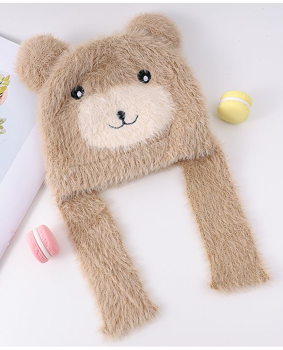 Babyhug Bear Designed Woollen Cap With Knot & Applique Khaki - Diameter 13 cm