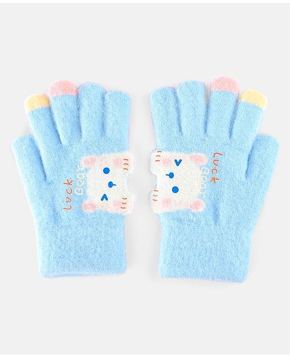 Babyhug Gloves with Bear Design - Light Blue