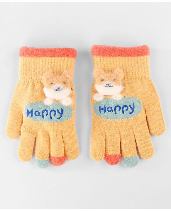 Babyhug Gloves with Puppy Applique - Yellow