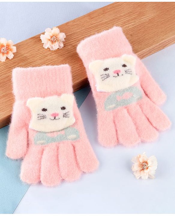 Babyhug Gloves with Kitty Applique - Pink