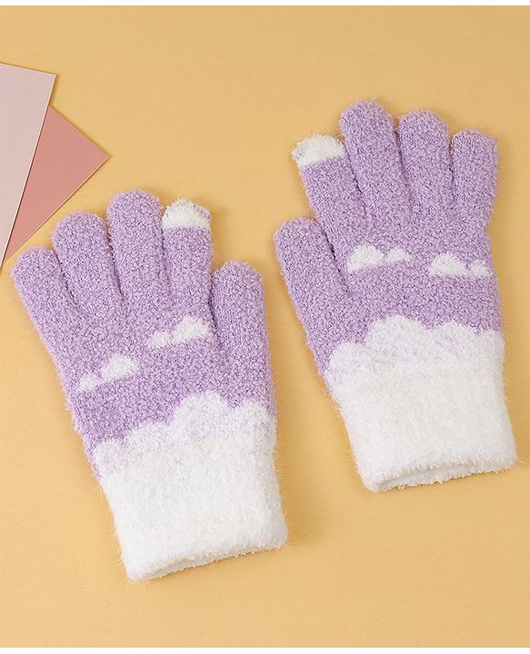 Pine Kids Fur Gloves With Clouds Design - Purple & White