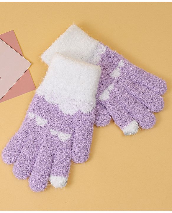 Pine Kids Fur Gloves With Clouds Design - Purple & White