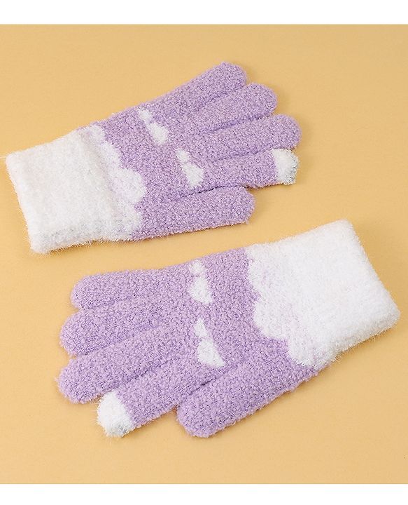 Pine Kids Fur Gloves With Clouds Design - Purple & White
