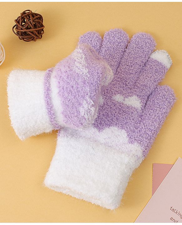 Pine Kids Fur Gloves With Clouds Design - Purple & White