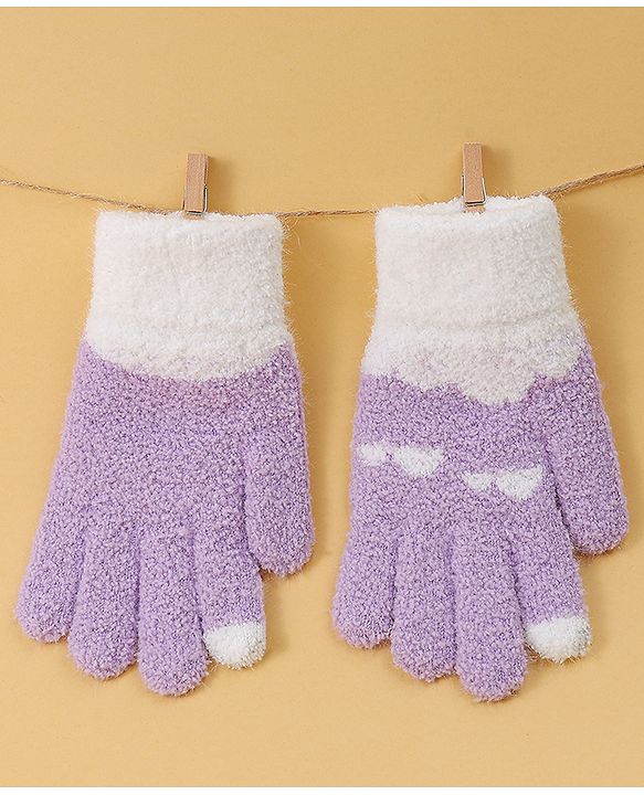 Pine Kids Fur Gloves With Clouds Design - Purple & White