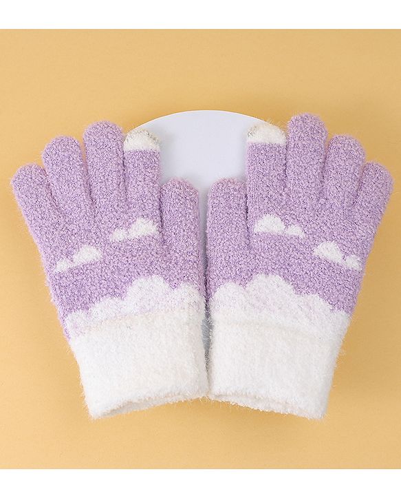 Pine Kids Fur Gloves With Clouds Design - Purple & White