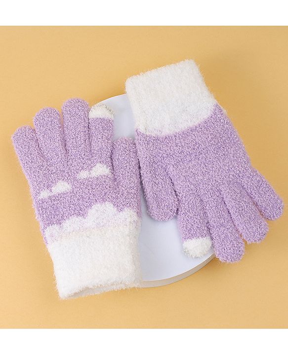 Pine Kids Fur Gloves With Clouds Design - Purple & White