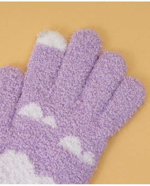 Pine Kids Fur Gloves With Clouds Design - Purple & White