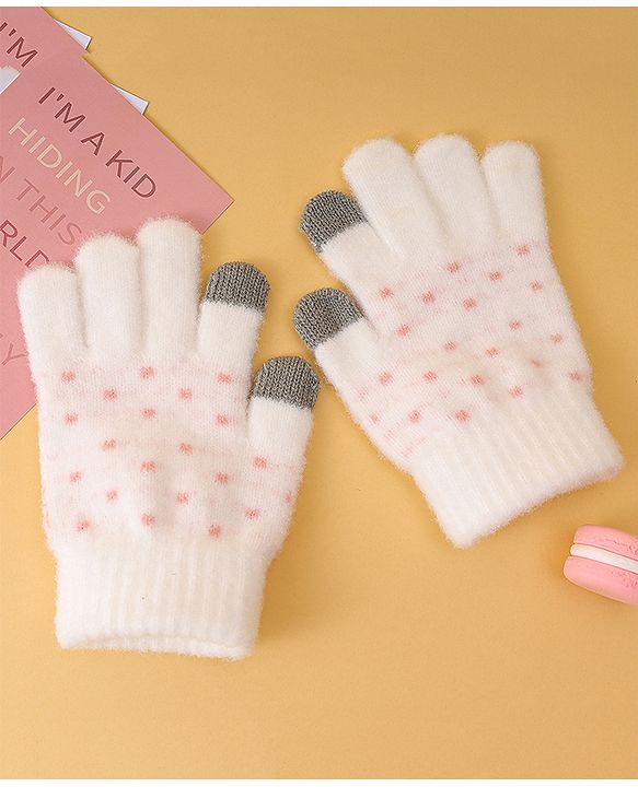 Pine Kids Gloves with Polka Dot Design - White