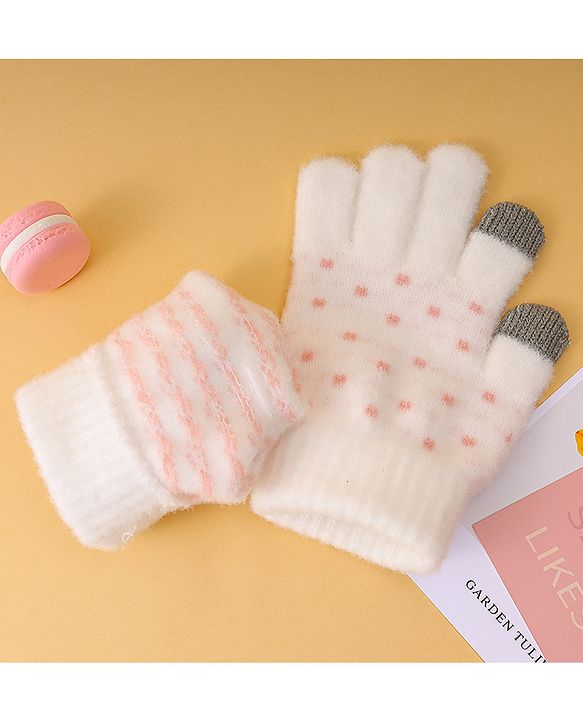 Pine Kids Gloves with Polka Dot Design - White