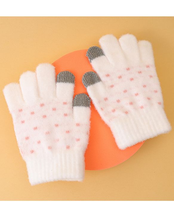 Pine Kids Gloves with Polka Dot Design - White