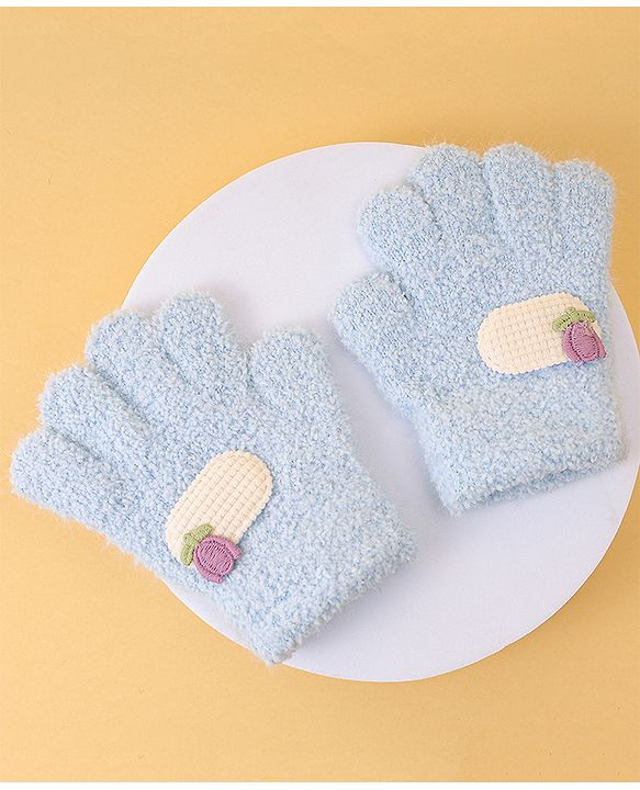 Babyhug Solid Coloured Fur Gloves With Floral Applique - Light Blue