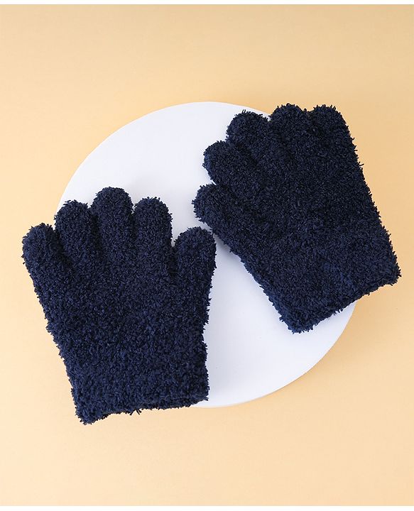 Babyhug Solid Color Fur Gloves - Navy