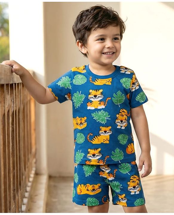 Babyhug Cotton Knit Half Sleeves Co-ords Shorts  Night Suit With Animal Print - Navy Blue