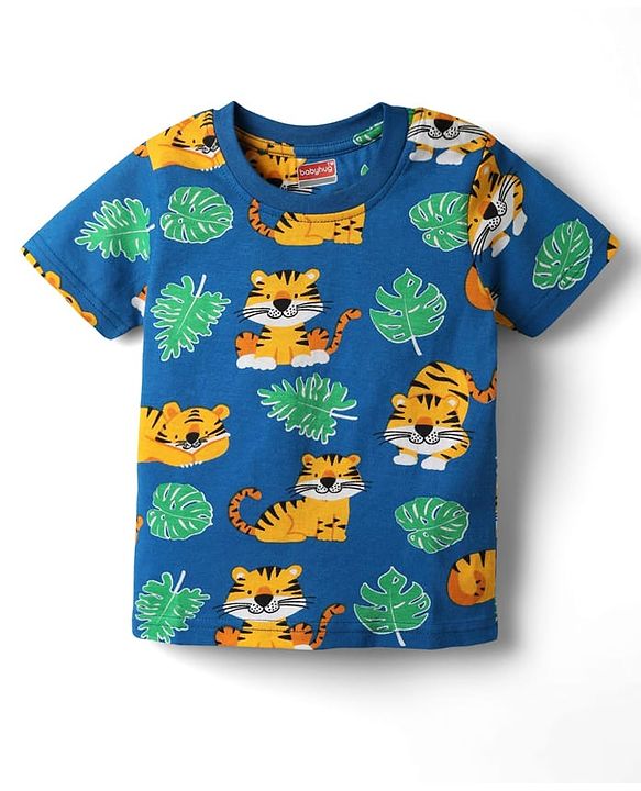 Babyhug Cotton Knit Half Sleeves Co-ords Shorts  Night Suit With Animal Print - Navy Blue