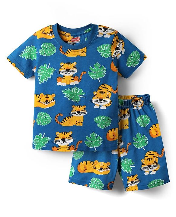 Babyhug Cotton Knit Half Sleeves Co-ords Shorts  Night Suit With Animal Print - Navy Blue