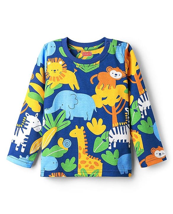 Babyhug Cotton Knit Full Sleeves Co-ord Night Suit With Animal Print - Navy Blue