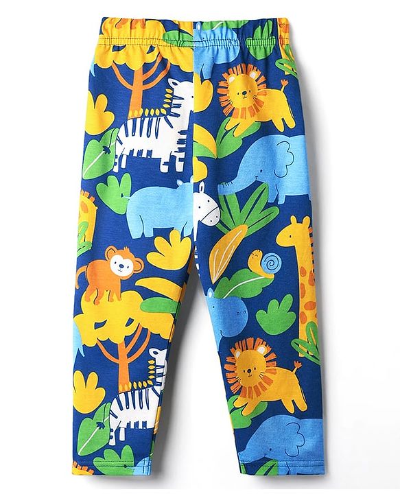 Babyhug Cotton Knit Full Sleeves Co-ord Night Suit With Animal Print - Navy Blue