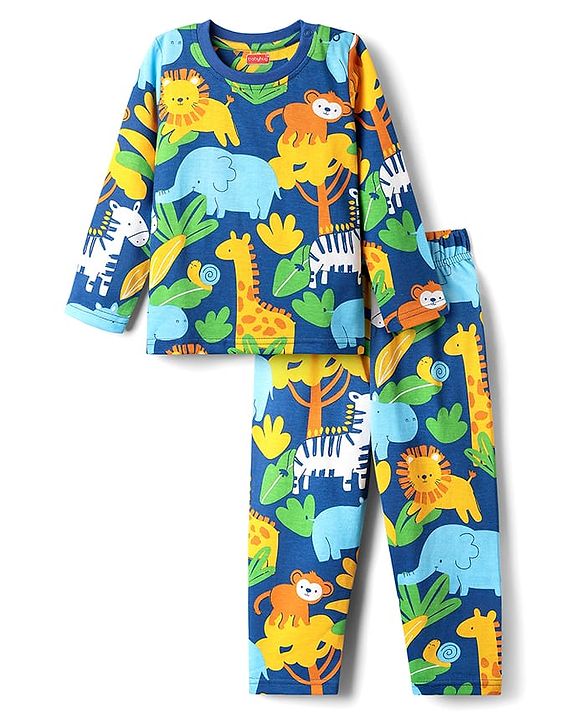 Babyhug Cotton Knit Full Sleeves Co-ord Night Suit With Animal Print - Navy Blue