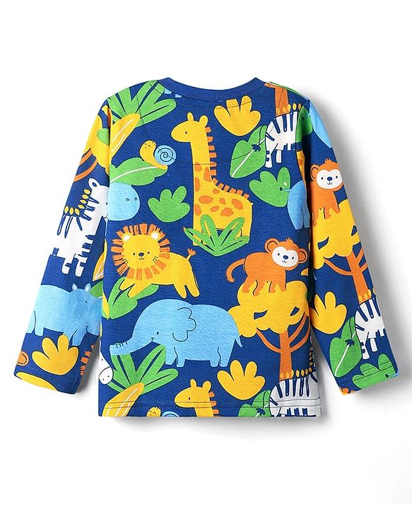 Babyhug Cotton Knit Full Sleeves Co-ord Night Suit With Animal Print - Navy Blue